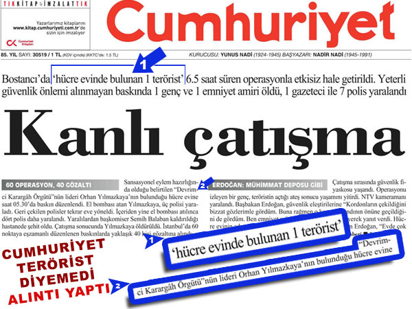 Cumhuriyet gazetesinin BOSTANCI manset haberi