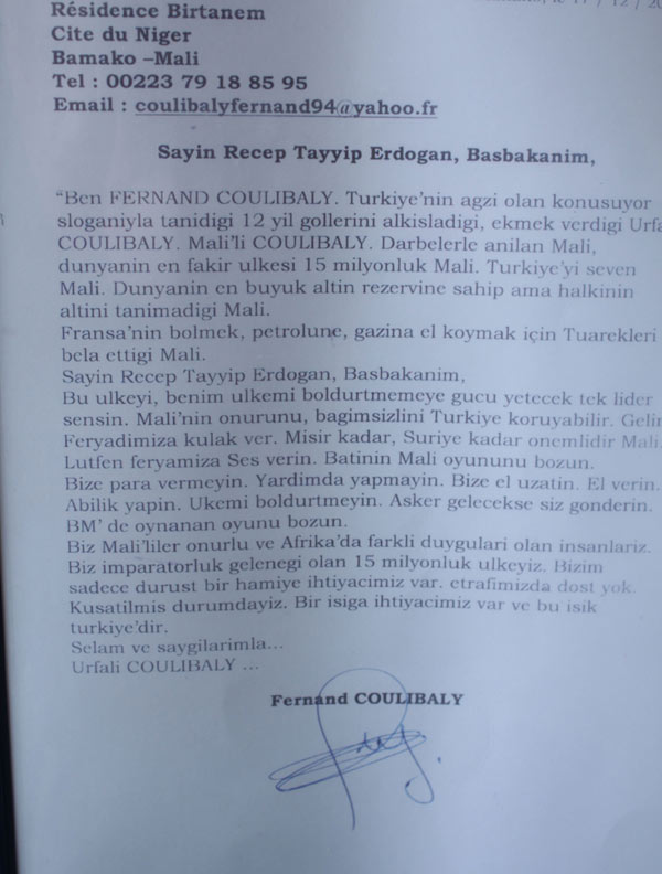 Coulibaly'den Erdoğan'a yardım mektubu